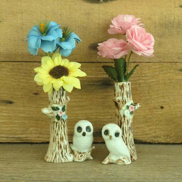 Vintage Enesco Imports Pair of Ceramic Bud Vases White Owls Hollow Trees Taiwan - Picture 1 of 10
